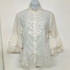 White cotton Poet Blouse Medium Layered ruffle three quarter sleeve High Neck